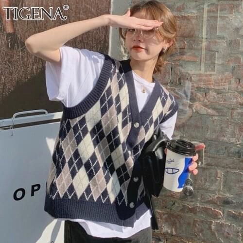 TIGENA Women Sweater Vest Waistcoat 2021 Spring Autumn Argyle Print Sleeveless Pullover Vest Female Korean Student Chic Tops