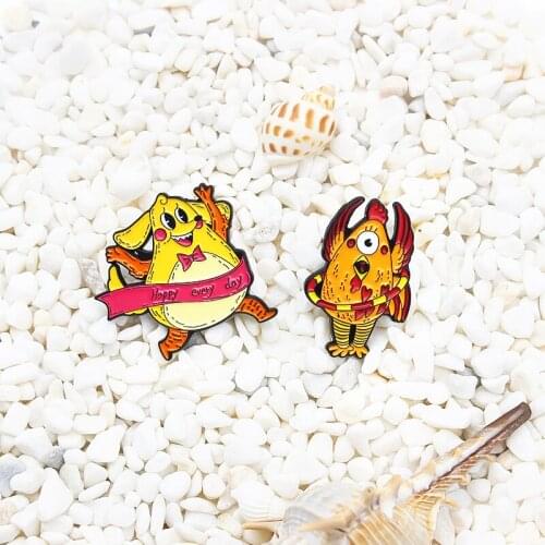 Yellow dog chicken Enamel Brooch Happy every day One eyed chicken hu la hoop banner Fun animal Lapel Pin custom Badge