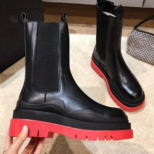 2020 New Arrival Chelsea Boots Geunine Leather Mixed Color Flat Platform Slip on Bootie Elastic Band Runway Shoes Women Fashion
