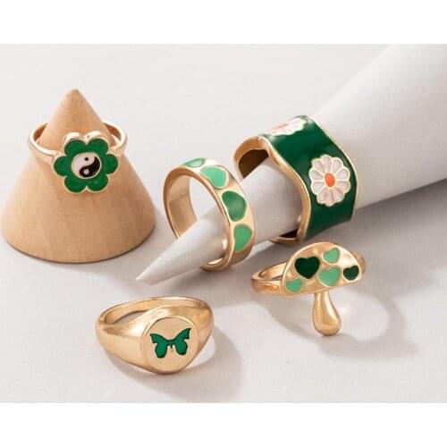 Vintage Double Layer Heart Enamel Ring Set For Women Dripping Oil Color Contrast Love Metal Rings Trendy Korean Couple Jewelry