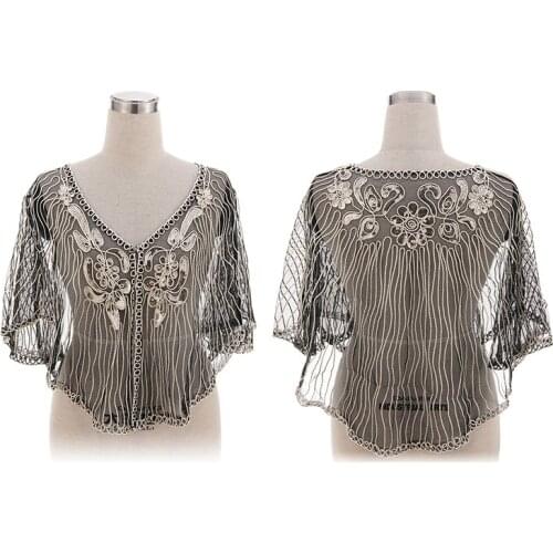 Women Scarves 1920s Flapper Embroidery Fringe Shawl Cover Up Gatsby Party Beaded Sequin Cape Vintage Mesh Scarf Wraps for Dress