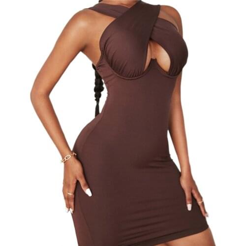 Women Club Mini Sexy Dress Halter Dress Sleeveless Hollow Out Dress,Brown