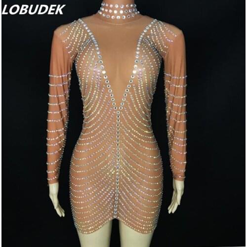 Women Birthday Prom Celebration Rhinestones Dress Nude Mesh Transparent Short Dress Evening Party Host Singer Models Stage Wear