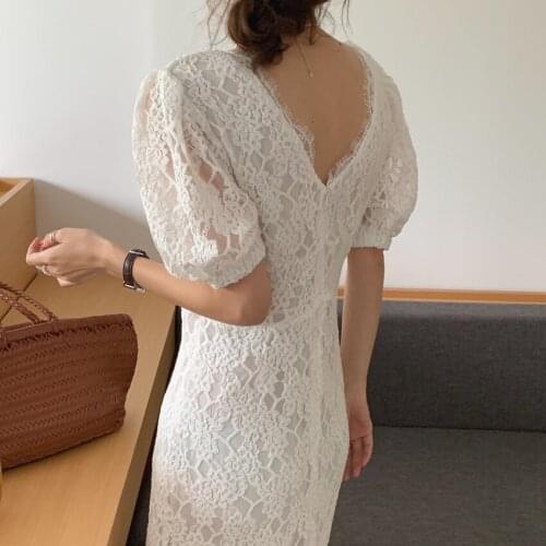 2021 Women Summer Vintage Lace Hollow Out Long Dress V Neck Backless Slim Fit Pullover Maxi Sundress