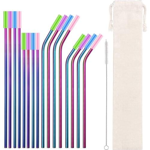 12 Pcs Rainbow Color Metal Drinking Straws Set Party Bar Accessories With Cleaning Brushes Silicone Heads Portable Storage Bag