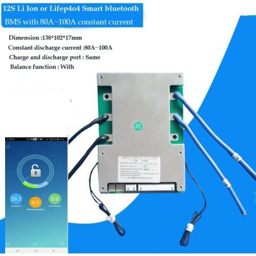 12S Lifepo4 Smart BMS for 36V battery or Lithium Ion Bluetooth PCB with APP or PC software at 80A to 100A current