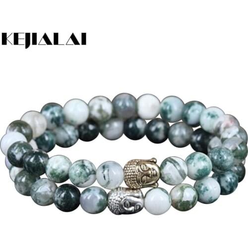 2pcs/set Natural Tree Round Stone Bead Charm Unisex Bracelet Beaded Mercy Gold Color Buddha Head Men Women Stretch Bangle