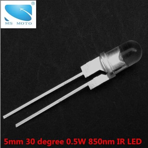 2pcs/lot 5mm 0.5W 850nm IR LED Infrared Light Emitting Diode High Power 30 degree viewing angle 24mil chip copper bracket