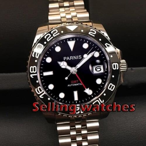 40mm Parnis black dial Ceramic Rotatig Bezel Sapphire glass Ceramic bezel GMT automatic mens watch