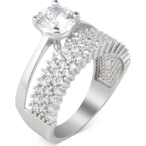 925 Sterling Silver Solitaire Ring with Three Line Half Round Zircon Stones