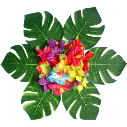 Artificial Hibiscus Flowers Jungle Party Decorations Artificial Tropical Plant Leaves 30Pcs Leaves And 24Pcs Flowers