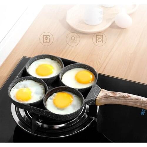 K5DC 4 Hole Omelet Pan for burger Eggs Ham Pancake Maker Wooden Handle Frying Pot Non-stick Cooking Breakfast