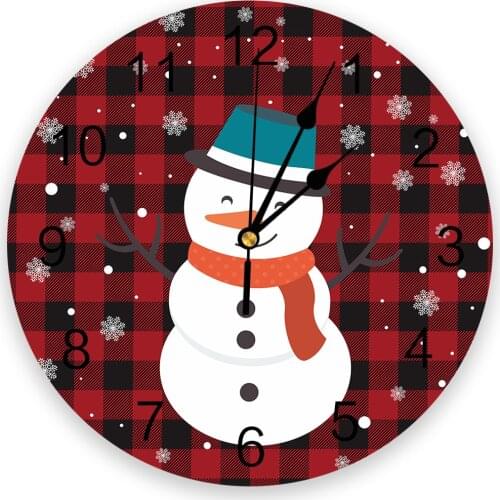 Christmas Red Plaid Snowman Round Wall Clock Modern Design Home Living Room Decoration Childrens Room Kitchen Table Clock
