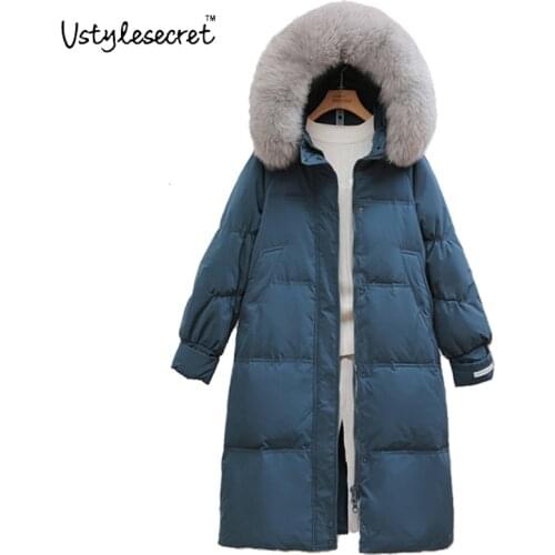 90% White Duck Down Jacket With Real Fox Fur Collar Winter Warm Thicked Parkas Long куртка женская Fashion Women Coat U10838