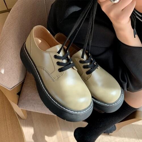 Womens Shoes Platform Patent Leather New Big Head Genuine Leather Lace Up Shoes Ladies Non-slip Trend Loafers Women