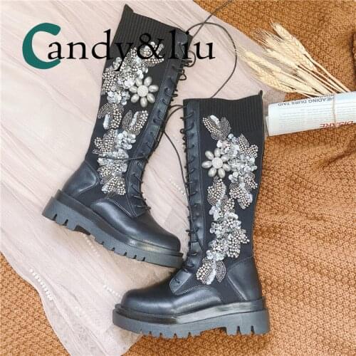 Heavy Sequin design of new autumn and winter high tube bandage elastic boots inlaid with diamond European station thick bottom