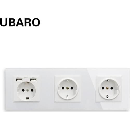 UBARO 258*86mm German Standard Tempered Crystal Glass Panel Wall Socket And Usb 5V 2A Sockets For Phone Power Ac:110-250V 16A