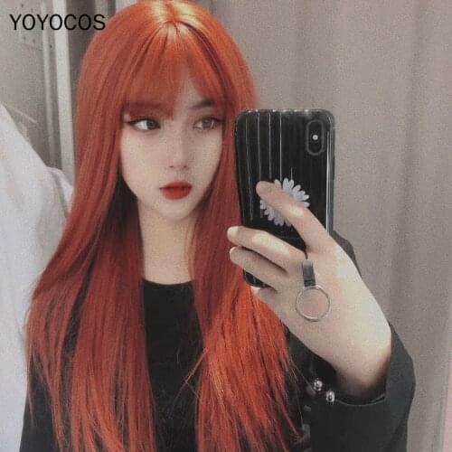 YOYOCOS Lolita Long Straight Bangs Hair Kawai 75CM Daily Wig Black/Grannyhair/Ash Blue/Pink/Brown/Wine/Orange Cute Daily Wig