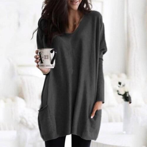 Autumn Winter Women Long T-shirt V-neck Loose Solid Color Long Sleeve Pocket Tunic Tops Casual Female Spring Streetwear Tees