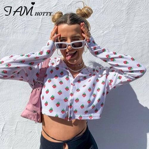 Strawberry Print White Cardigan Women Button Up Long Sleeve Kawaii T-shirt Aesthetic y2k Cropped Top Tees Cute Shirt Iamhotty