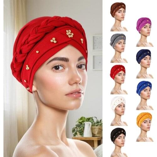 4 Pieces Women Turban Cap Headscarf Twisted Braid Wrap Beanie Fashion Faux Pearl Decor Big Flower Women Muslim Hijab Turban Hat
