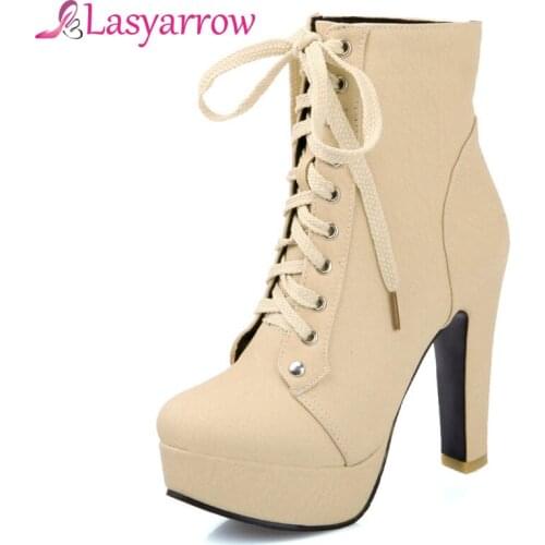 Lasyarrow Autumn Winter Ankle Boots For Women Platform High Heels Female Lace Up Shoes Woman Short Boot Casual Ladies Footwear