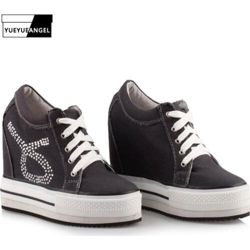 Wedge Canvas Shoes Woman Lace Up Preppy Style Crystal Chunky Sneakers Plus Size Fashions Pink Black White Casual Shoes Female