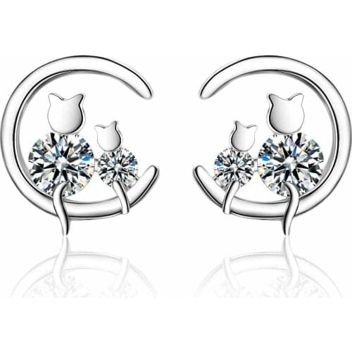 Earrings female Korean version of the forest sweet single zircon cat earrings temperament personality moon earrings