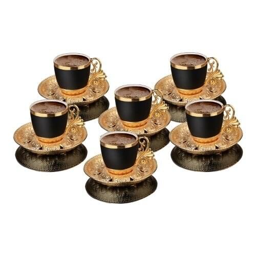 12 Piece Turkish Coffee Cups Espresso Porcelain Plates 6 Person Black (Gold) Vintage Arabic Gift Set