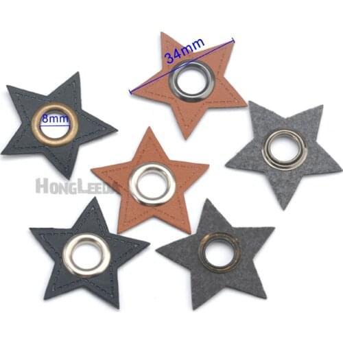 30pcs/lot STAR black/brown PU leather sew on Badges patch labels + inner 8mm metal brass eyelets grommets free ship