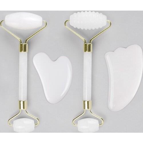 White Jade Roller Gua Sha Board Set for Facical Massage Eye Relaxation 100% Natural Stone Face Massage Roller Skin Care Tools