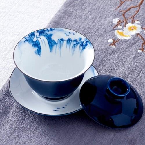 Handpainted Big Bowl Gaiwan Blue Lotus Tea Tureen Jingdezhen Puer Kettle Chawan Tea accessories