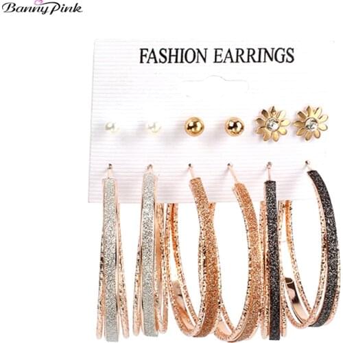 Banny Pink 6 Pairs/ Set Big Round Hollow Circle Rhombic Ball Flower Geometrical Earrings Over Sized Gold Color Pendant Earrings