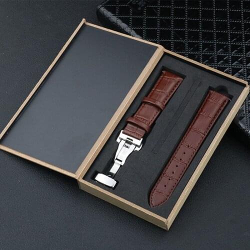 Genuine Leather Bamboo pattern 20 22 mm with box Men wristband with butterfly Double buckle quick release Suitable for female