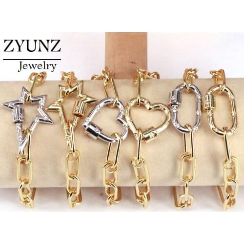 5PCS, Cz snap clasp charm bracelet, heart / star/ oval shape cz charm link chain adjustable bracelet