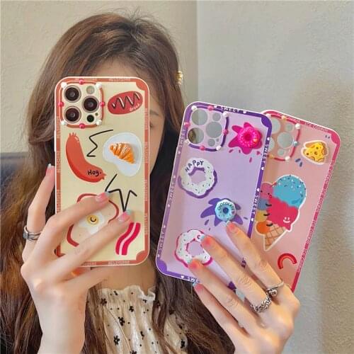 Cartoon 3D Donuts Phone Case For iPhone XR 11 12 Pro Max XS Max SE20 X 7 8Plus Cute Korea Food Ice Cream Bread Soft Cover Coque