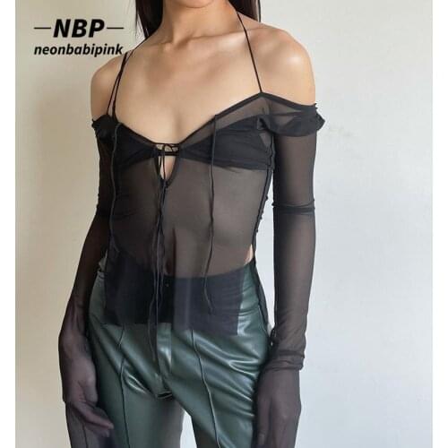 NEONBABIPINK Black Mesh Long Sleeve Crop Top Early 2000s Translucent Y2k Fairy Grunge Fake 2 Piece Sexy Halter Tshirts N85-AG11