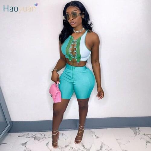 HAOYUAN Summer Outfits Patchwork Two Piece Set Bandage Crop Top Biker Shorts for Women Sexy Vacation Night Clubwear Matching Set