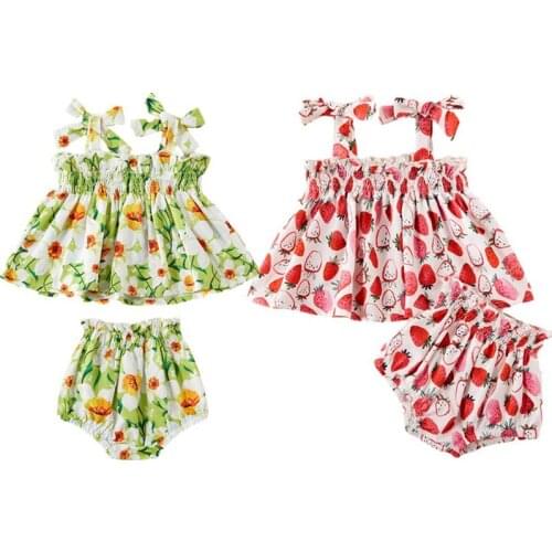 Summer Kids Girls Two-Piece Set Sweet Strawberry Flower Lace-up Suspender Top and Elastic Waist Short Pants Set