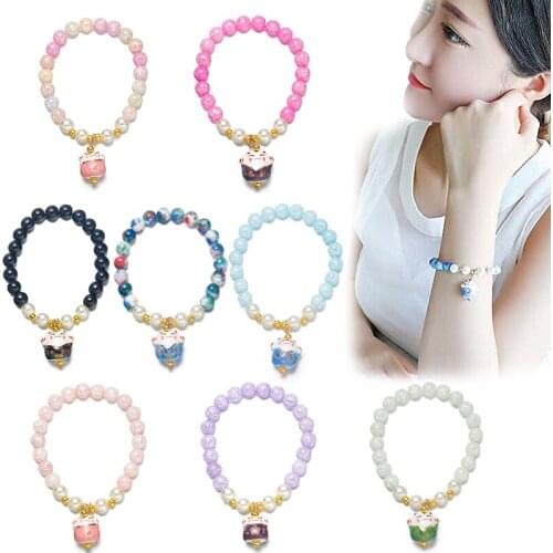 Fashion Crystal Glass Ball Bracelets & Banglets For Women New Beaded Cute Lucky Cat Pendant Bracelets Girl Jewelry Accessories
