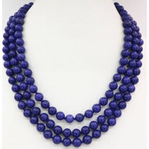 Fashion women bridal wedding party prom 3 rows necklace blue lapis lazuli 8mm stone round beads stone jewelry 17-19inch B3207