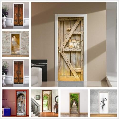 Retro Wood Grain Door Sticker Home Design DIY Adhesive Wallpaper for Doors Living Room Bedroom Waterproof Wall Decal deursticker