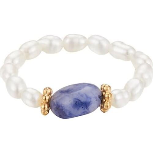 Stainless Steel Fashion Delicate Pearl Natural Stones Blue Red Women Ring Jewelry Gift For Him Adjustable