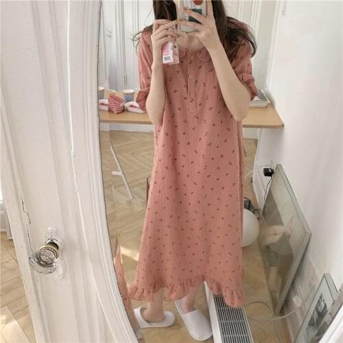 Summer cherry print cotton nightgowns women sleepwear short sleeve peter pan collar homewear midi dress casual nightdress Y421