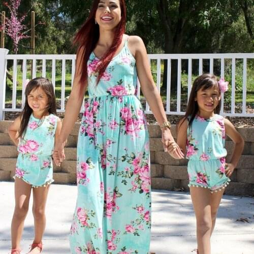 Family Matching Dress Mom Baby Summer Dresses Cotton Woman Long-dress Girls Print Flower Clothes Baby Romper Family Look