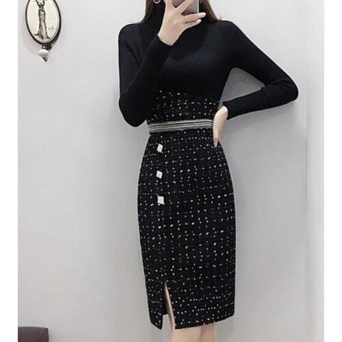 Autumn New Women Sexy Wrap Pencil Dress Turtleneck Knitwear Long Sleeve Plaid Crystal Knee Length Office Ladies Slim Fit Dresses