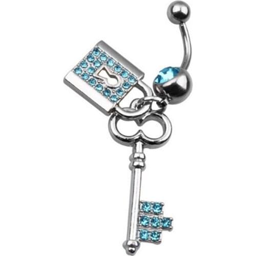 Silver-Color Navel Piercing Stainless Steel Crystal Belly Ring Navel Bar Lock & Key Dangle Body Jewelry 8 Shapes Heart Piercing