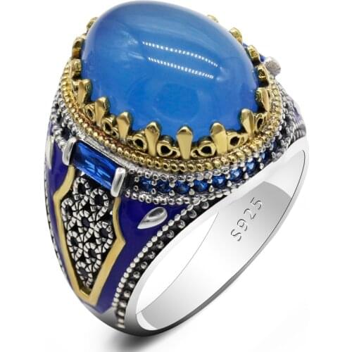 Solid 925 Sterling Silver Ring for Men Women Natural Agate&Zircon Stone Power Auspicious Luxury Women Wedding Ring Turkish Gift