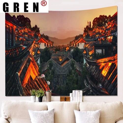 GREN Vintage Lights Rural Town Tapestry Hanging Covering Rugs Background Cloth Beach Mat Blanket Art Bedroom Living Home Decor