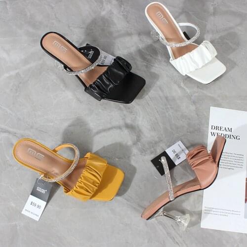 Ladies High Heel Sandals 2021 Summer New Fold Fashion Party Rhinestone Transparent Fine Heel PU Large Size Female Shoes 7.5CM